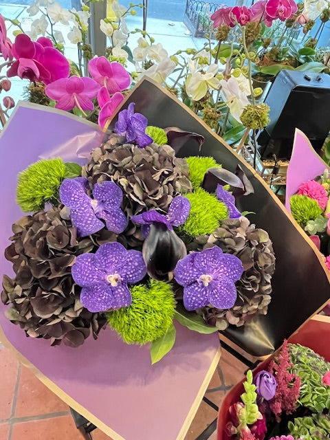 Antique hydrangea, dark calla lilies, dianthus  and purple vanda orchid moody bouquet – Jerome Florists NYC
