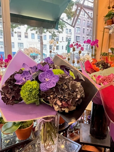
                    
                      Antique hydrangea, dark calla lilies, dianthus  and purple vanda orchid moody bouquet – Jerome Florists NYC
                    
                  