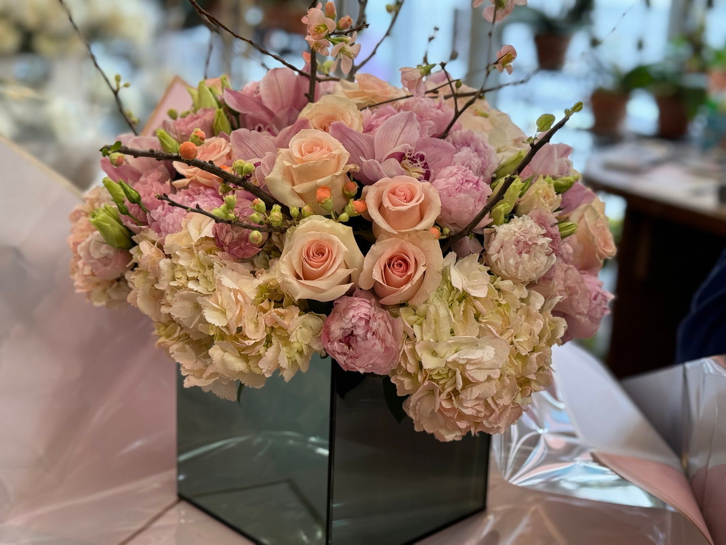 
                    
                      Bold pink hydrangea peony lily and orchid statement arrangement – Jerome Florists NYC
                    
                  