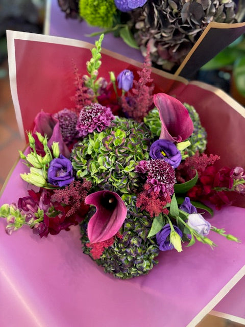 
                    
                      Green hydrangea, pink calla lily, astilbe, scabiosa, snaps  and lisianthus bouquet – Jerome Florists NYC
                    
                  