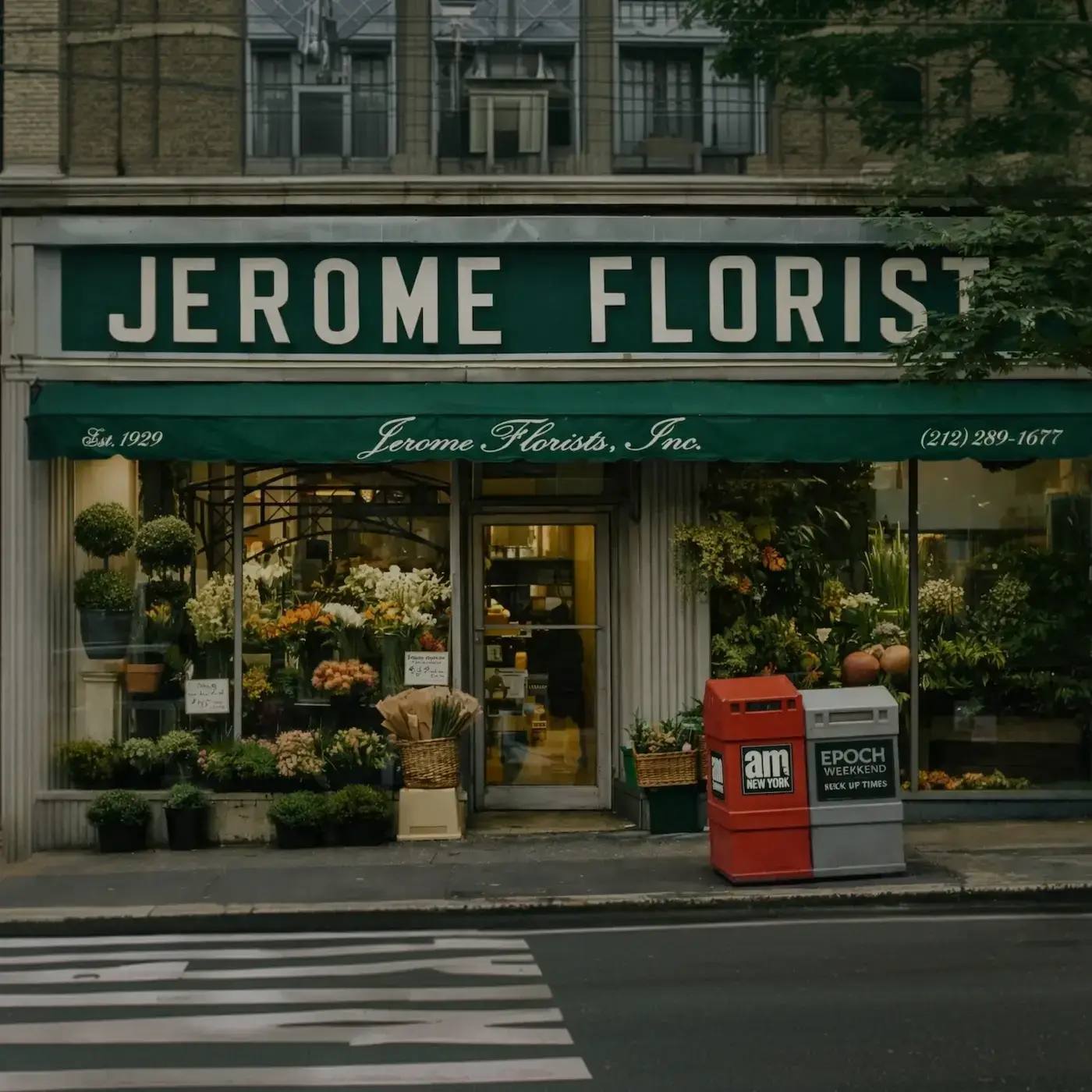 Jerome Florists storefront with its green Est. 1929 awning and flower-filled windows on Madison Avenue