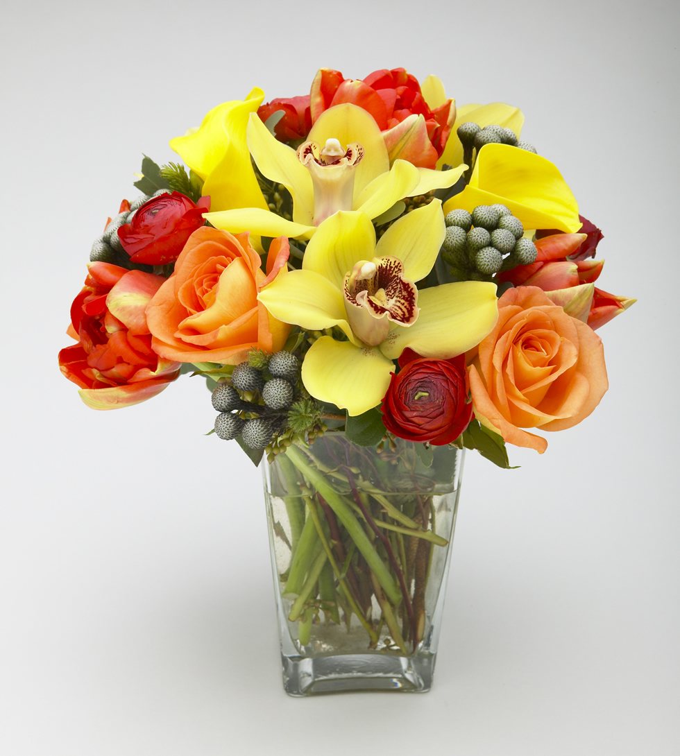 Rose, amaryllis, ranunculus  and cymbidium orchid colorful arrangement – Jerome Florists NYC