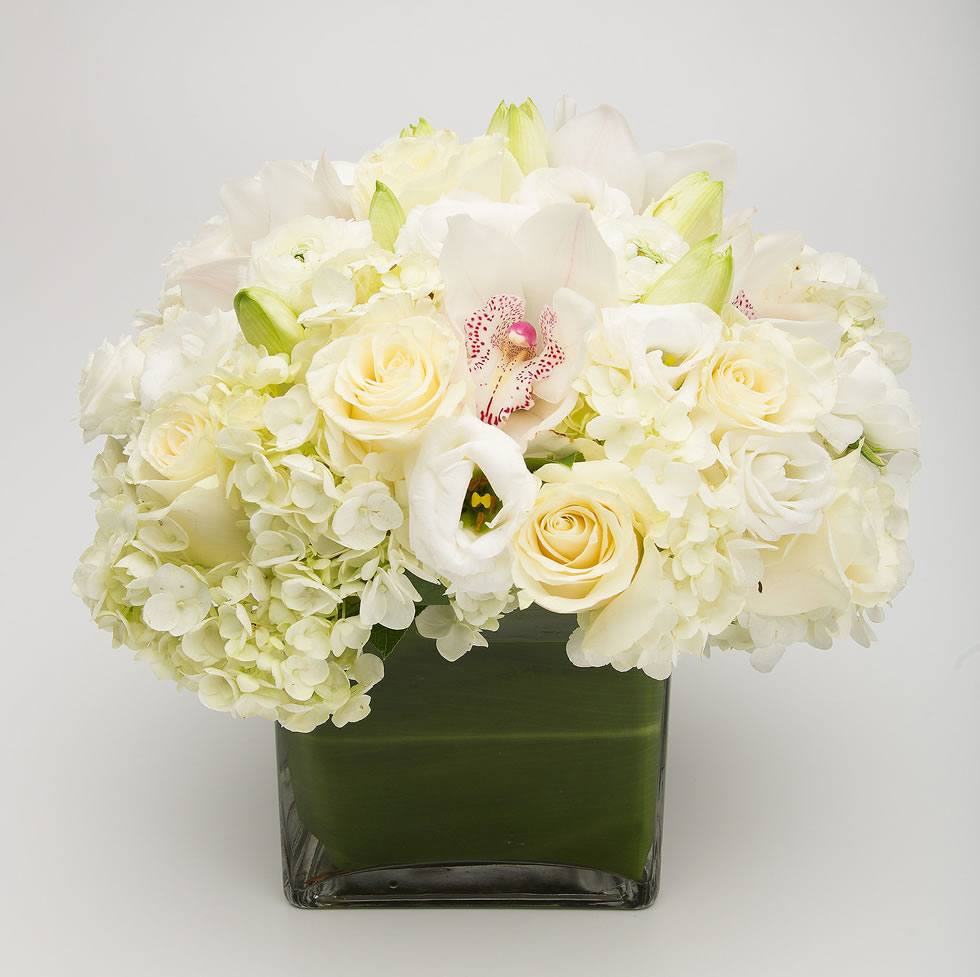 A floral arrangement featuring white hydrangea, cymbidium orchid, roses, lusianthus, and lilies in a clear glass cube vase. - Jerome Florists NYC