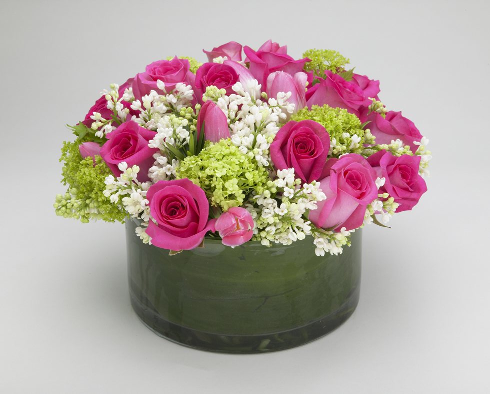Pink and lilac rose and tulip romantic spring  cicrular arrangement  – Jerome Florists NYC