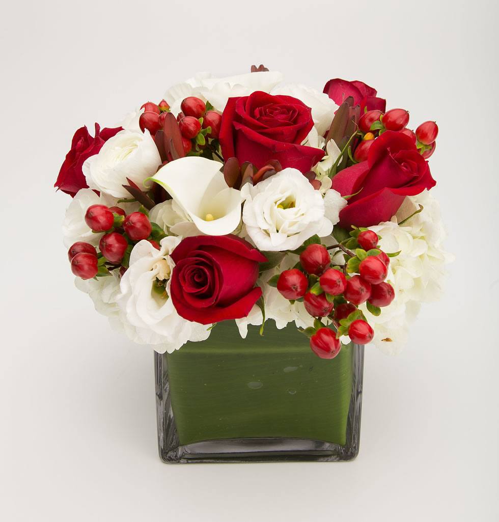 Deep red roses, hydrangea, ranunculus and calla lily cube arrangement – Jerome Florists NYC